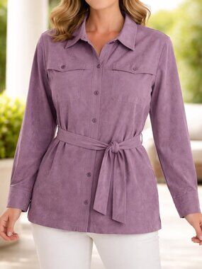 Alfred Dunner Lilac Purple Faux Suede Belted Safari 16 Blouse